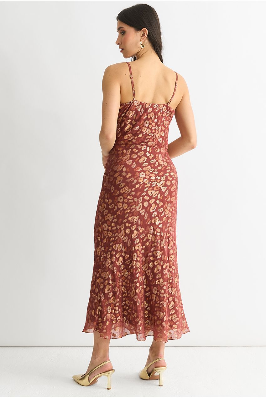 Brown Viscose Animal Jacquard Cowl Midi Dress GL1466