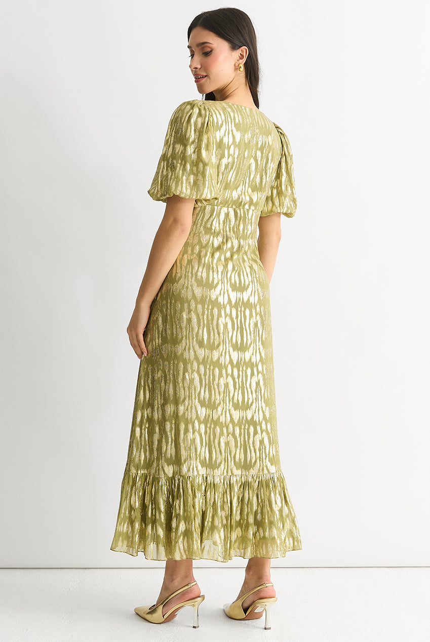 Green Viscose Animal Jacquard Occasion Midi Dress GL1467