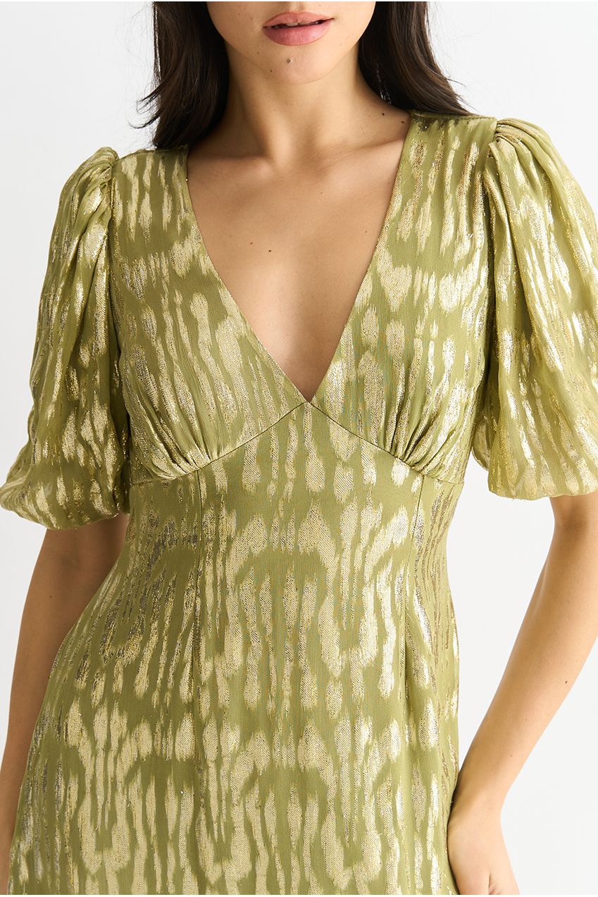 Green Viscose Animal Jacquard Occasion Midi Dress GL1467