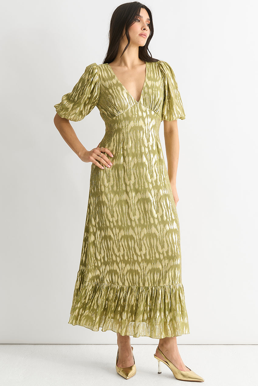 Green Viscose Animal Jacquard Occasion Midi Dress GL1467