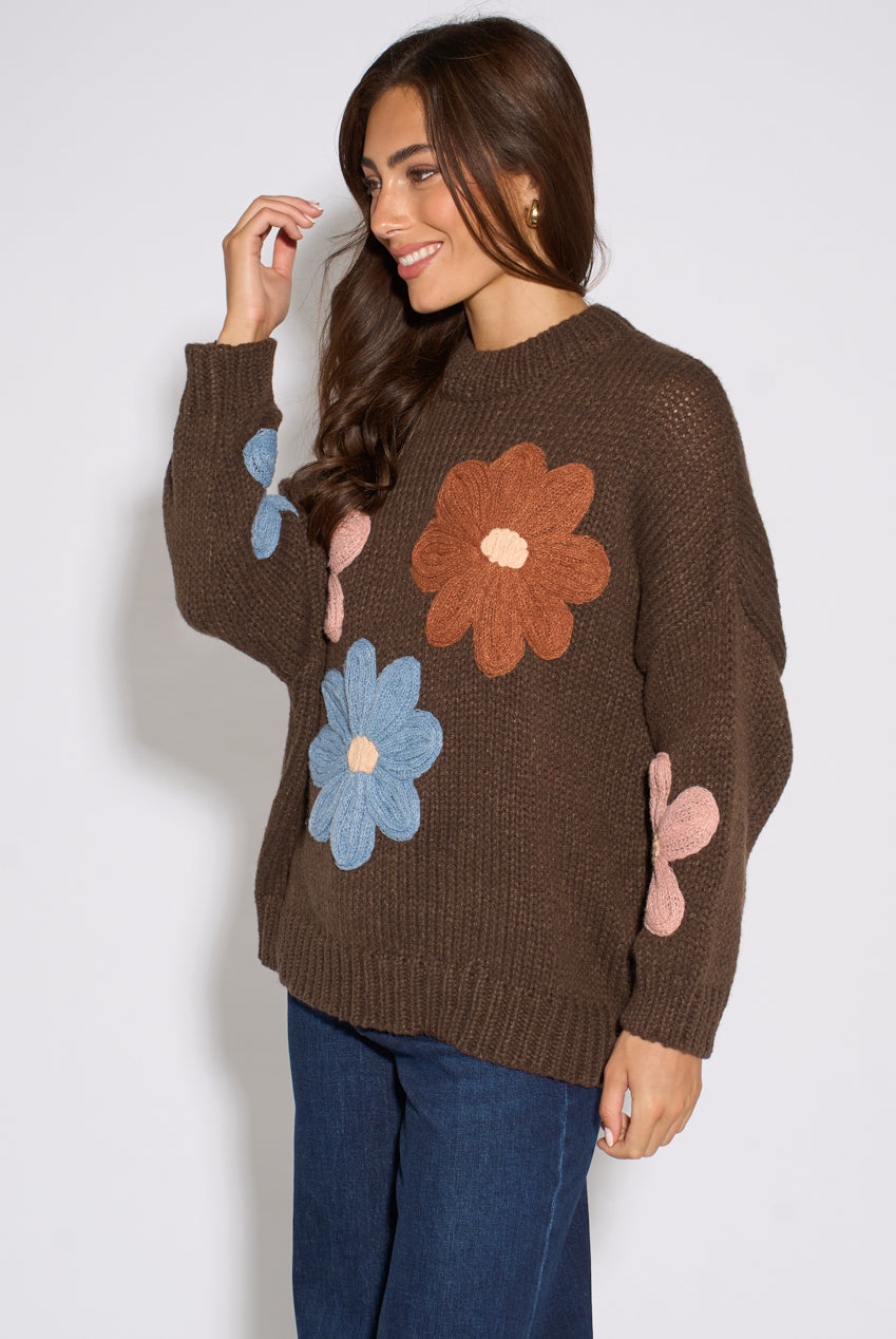 Brown 3D Floral Turtle Neck Knit Jumper GL1517