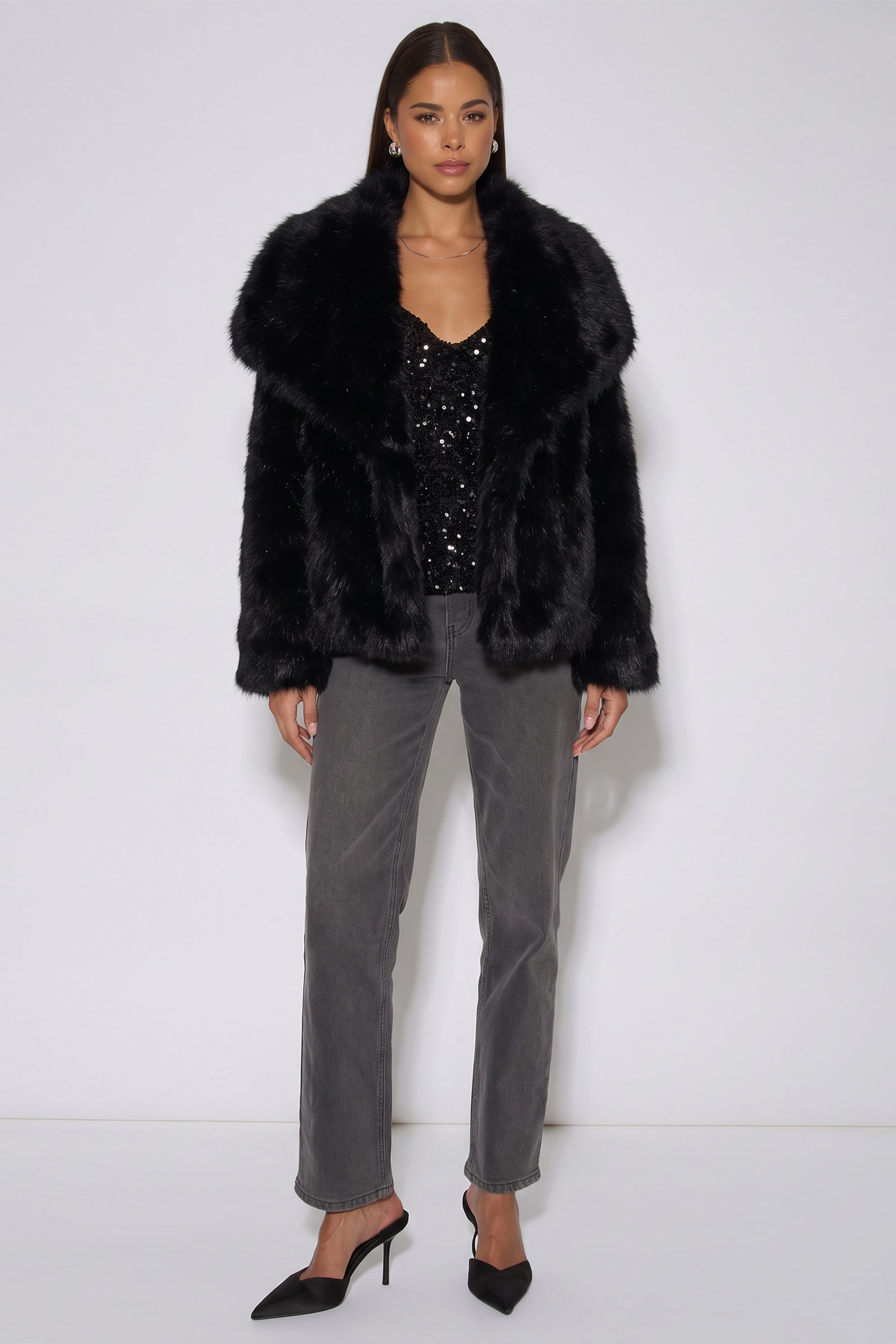 Black Ombre Lapel Faux Fur Jacket GL1544