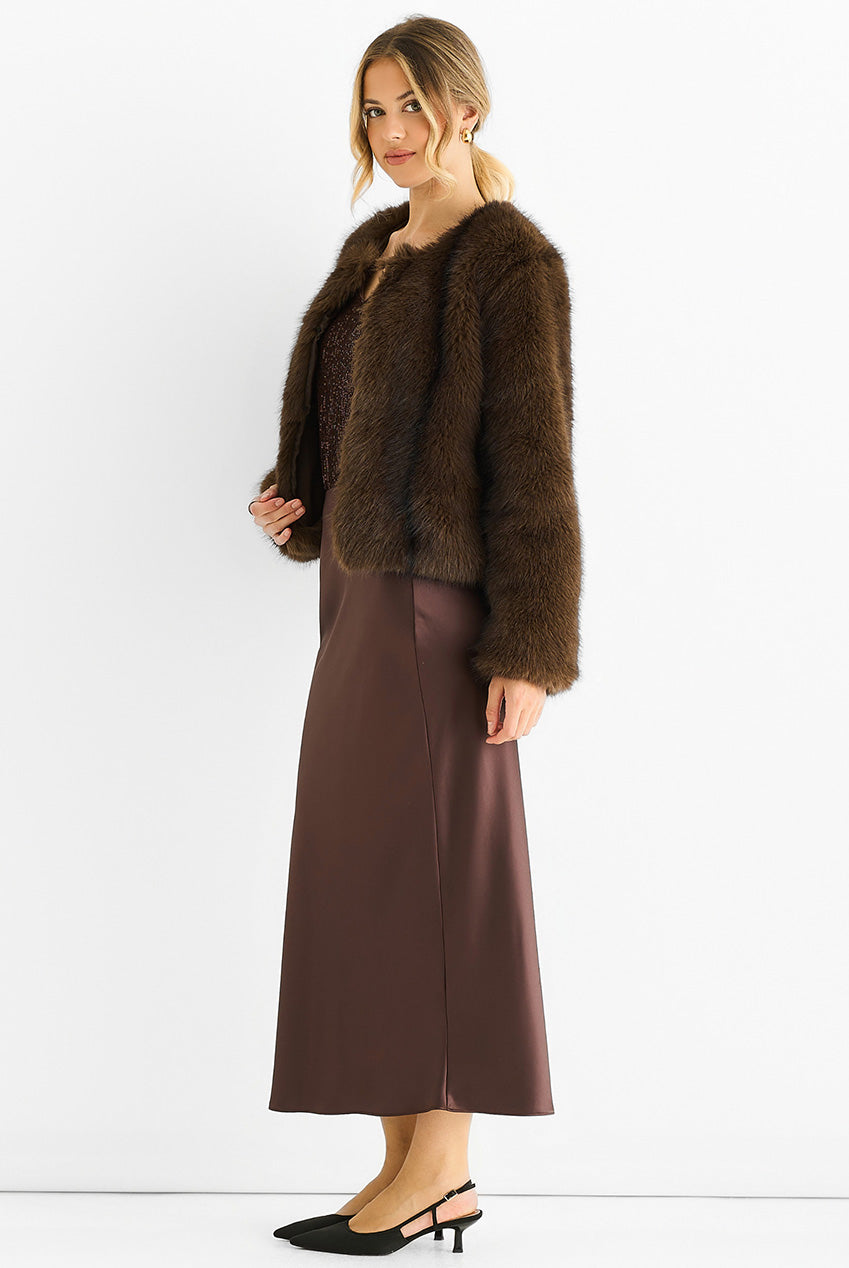 Coffee Round Neck Faux Fur Cropped Jacket GL1555