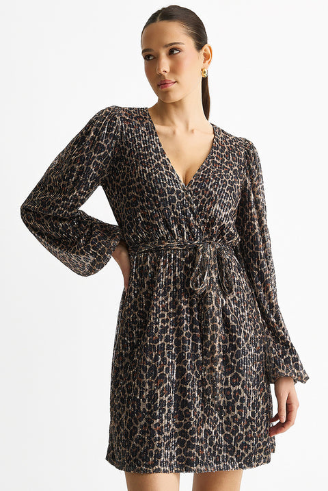 Black Animal Sequin Wrap Elasticated Waist Mini Dress by Gini London