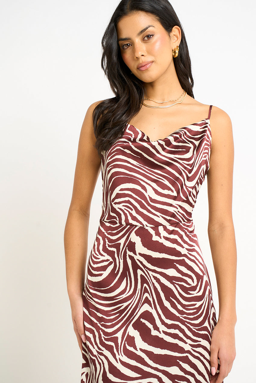 Burgundy Zebra Cowl Neck Midi Dress GL1589