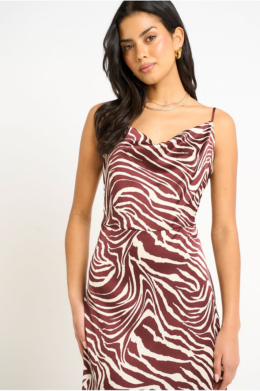 Burgundy Zebra Cowl Neck Midi Dress GL1589