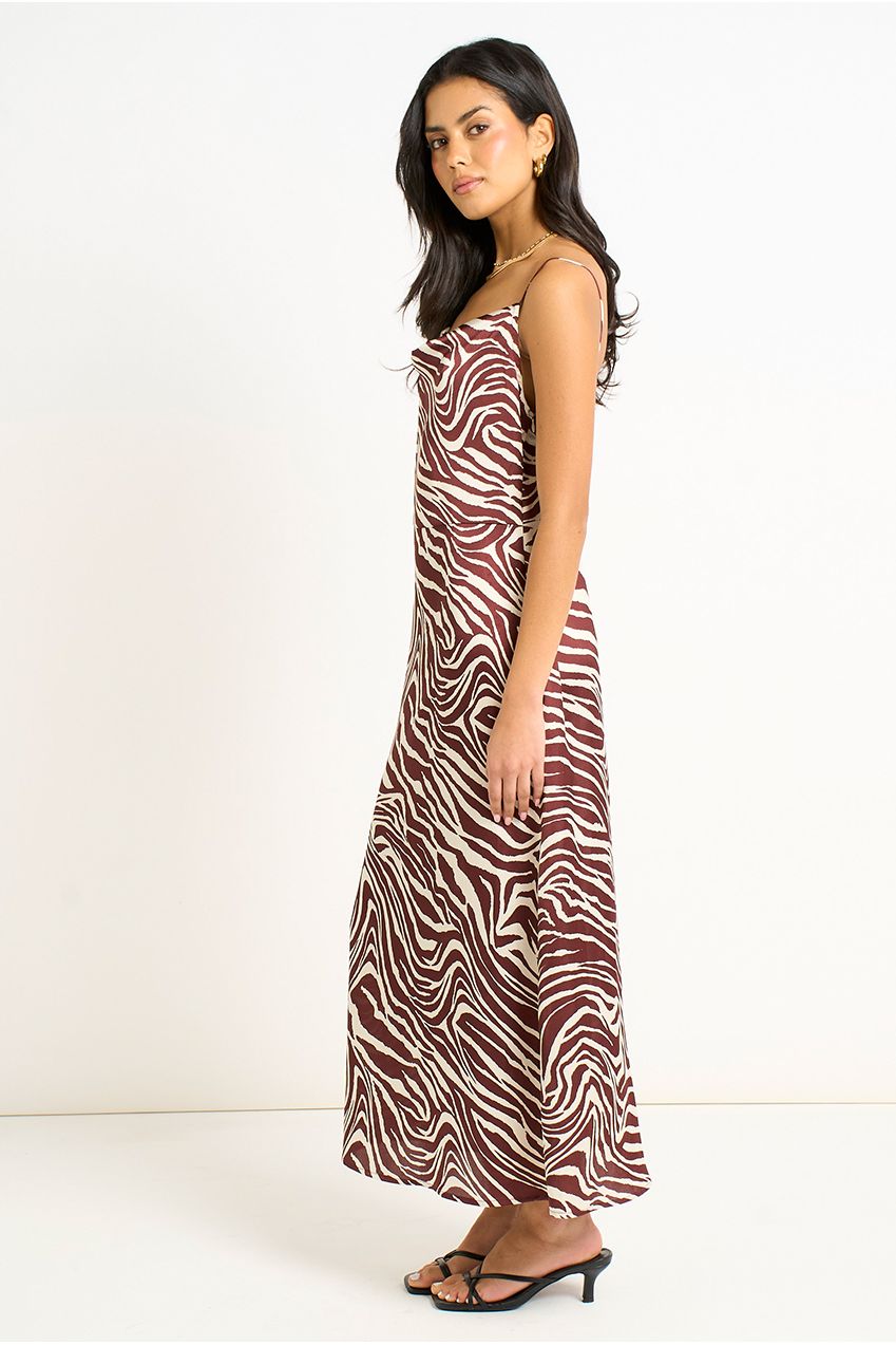 Burgundy Zebra Cowl Neck Midi Dress GL1589