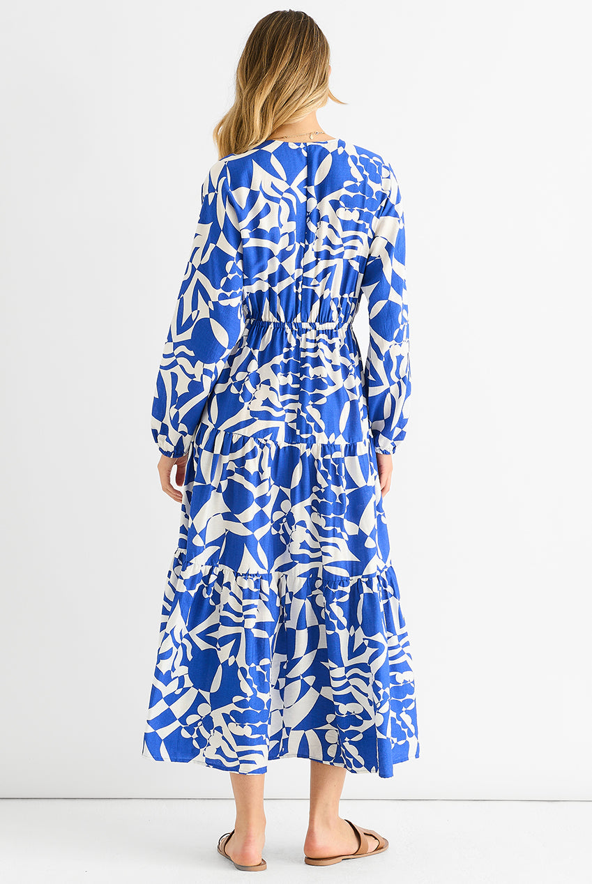 Blue Abstract Wrap Elasticated Waist Midaxi Dress GL1619