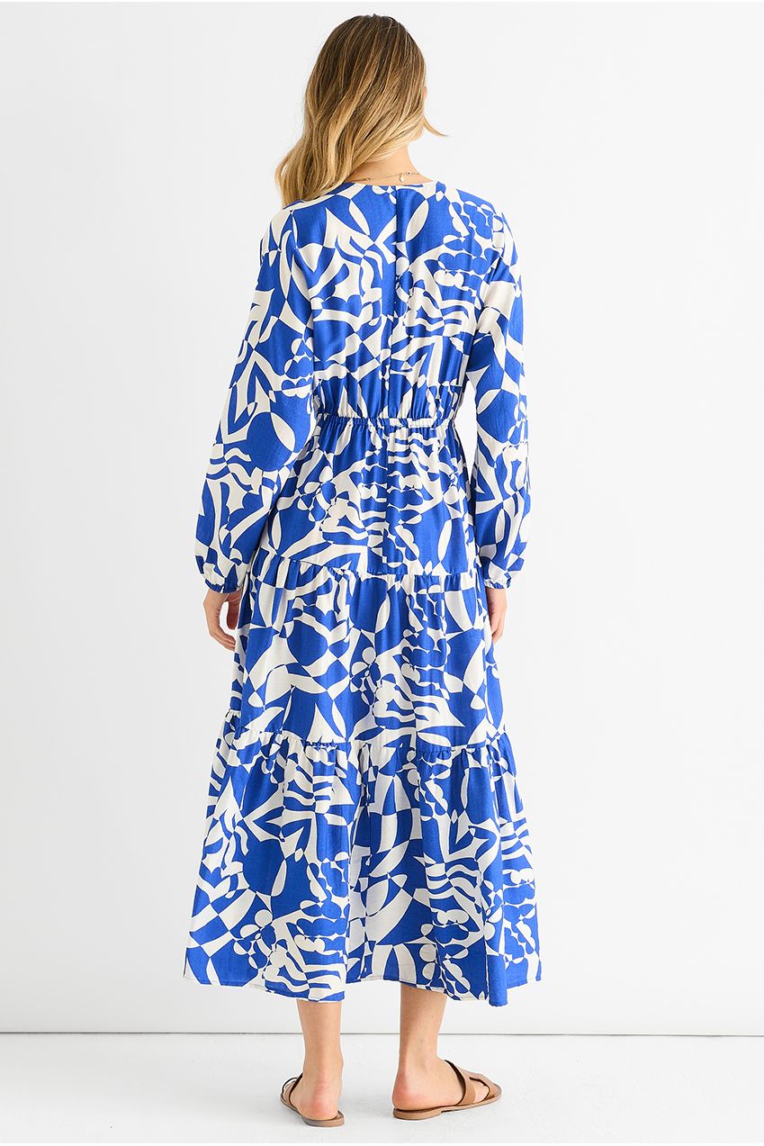 Blue Abstract Wrap Elasticated Waist Midaxi Dress GL1619