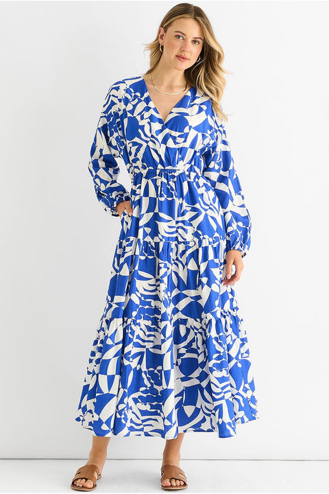 Blue Abstract Wrap Elasticated Waist Midaxi Dress by Gini London