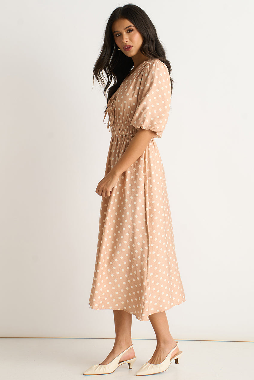 Oatmeal Spot Print Shirred Waist Shift Midi Dress GL1627