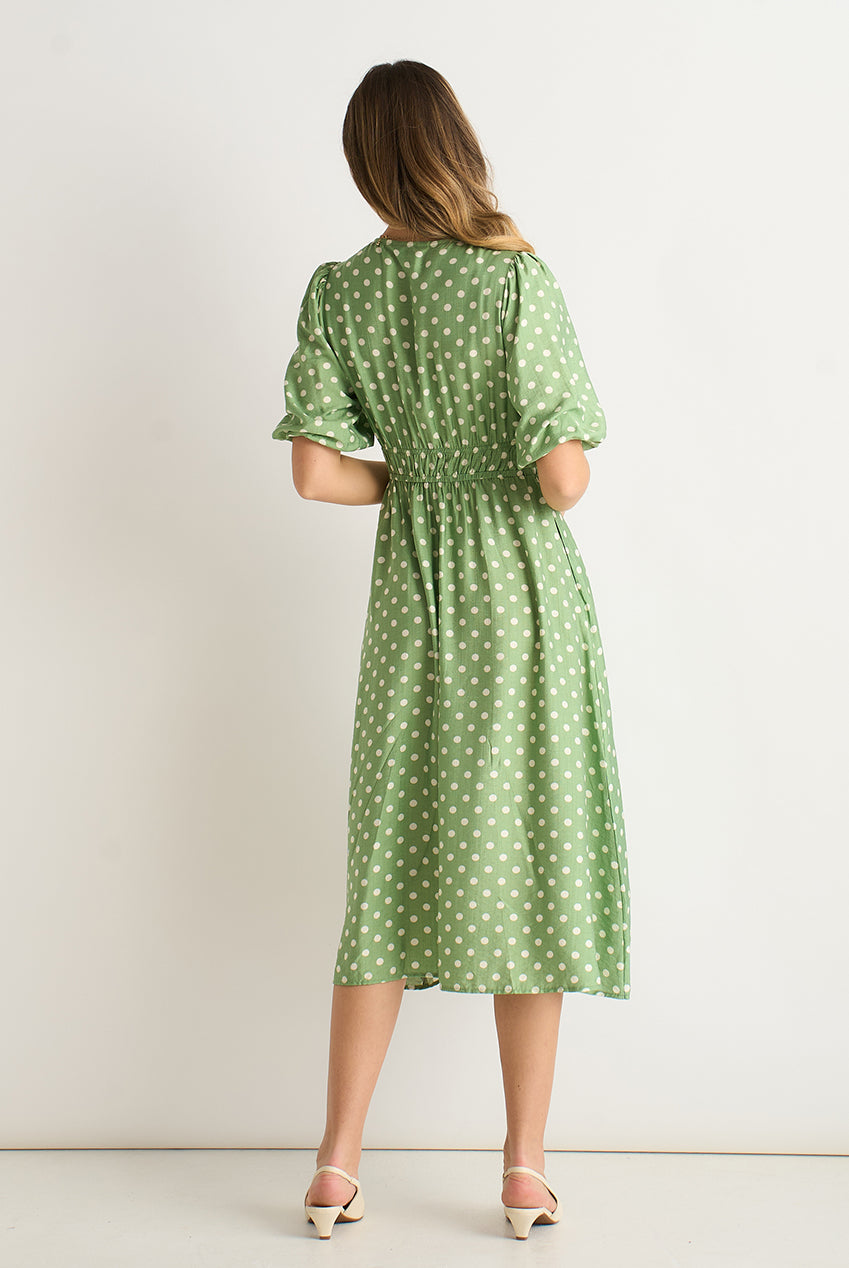 Sage Green Spot Print Shirred Waist Shift Midi Dress GL1627