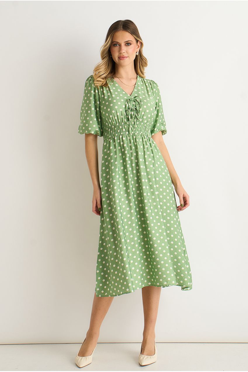 Sage Green Spot Print Shirred Waist Shift Midi Dress GL1627