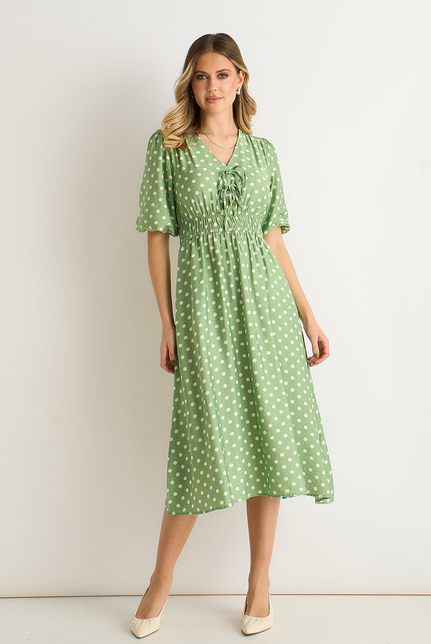 Sage Green Spot Print Shirred Waist Shift Midi Dress GL1627