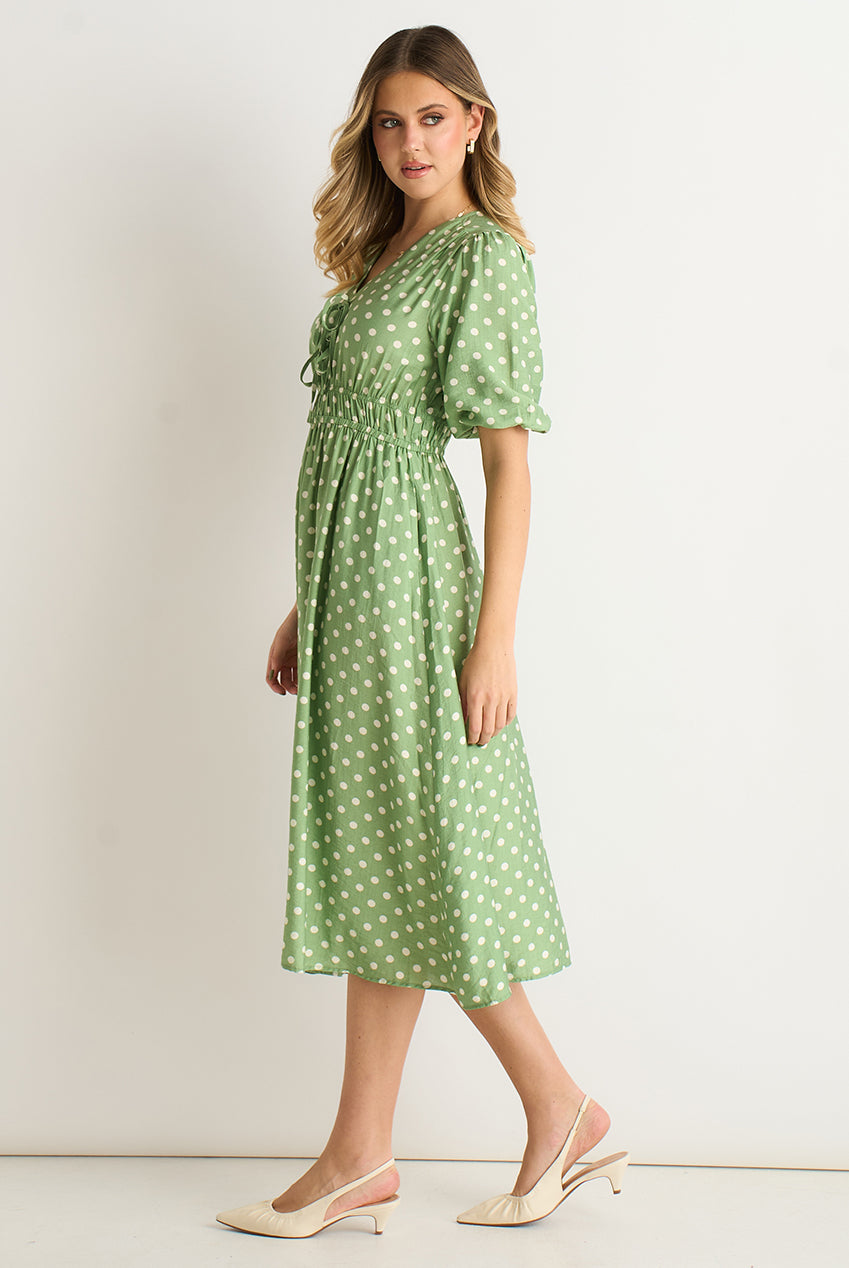 Sage Green Spot Print Shirred Waist Shift Midi Dress GL1627