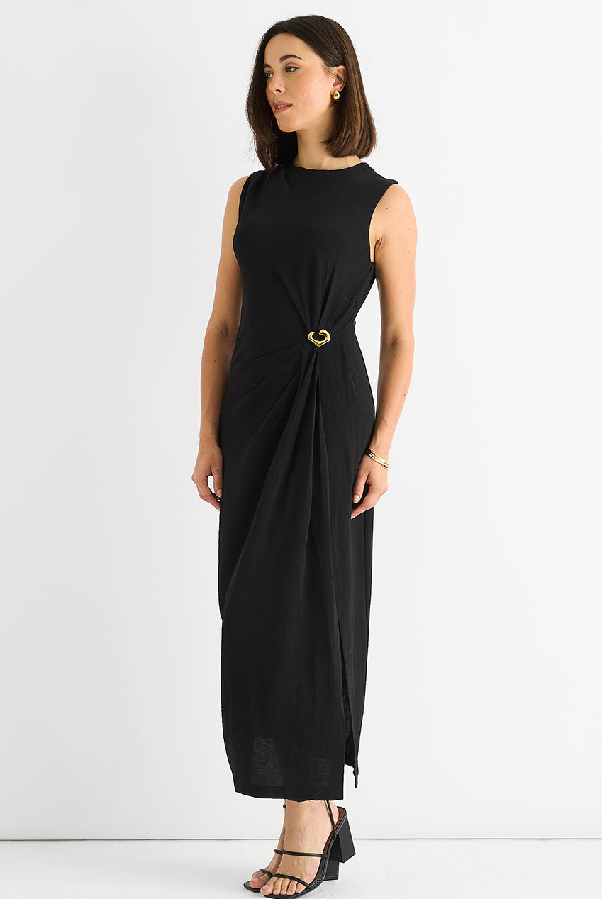 Black Waist Ruched Metal Trim Sleeveless Midi Dress GL1633