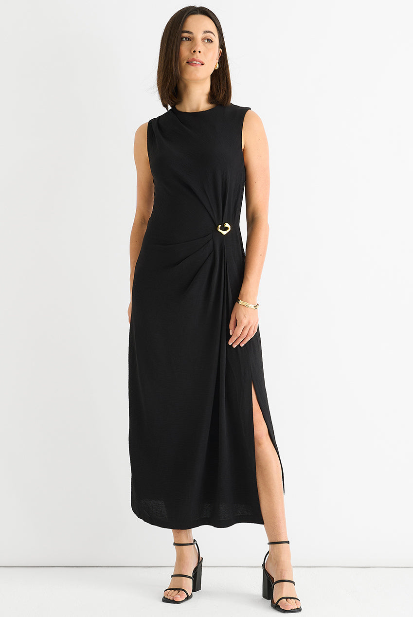 Black Waist Ruched Metal Trim Sleeveless Midi Dress GL1633