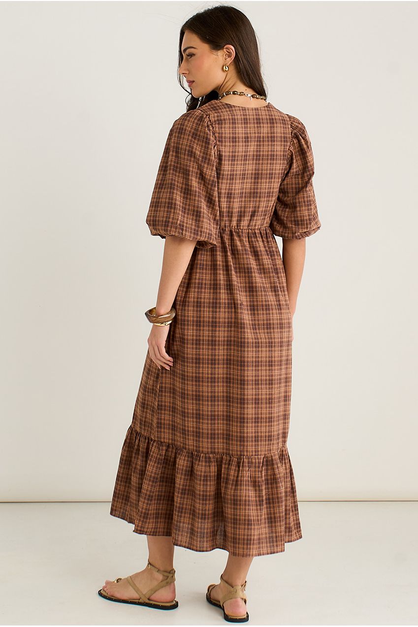 Brown Cotton Puff Sleeves V Neck Midi Dress GL1651