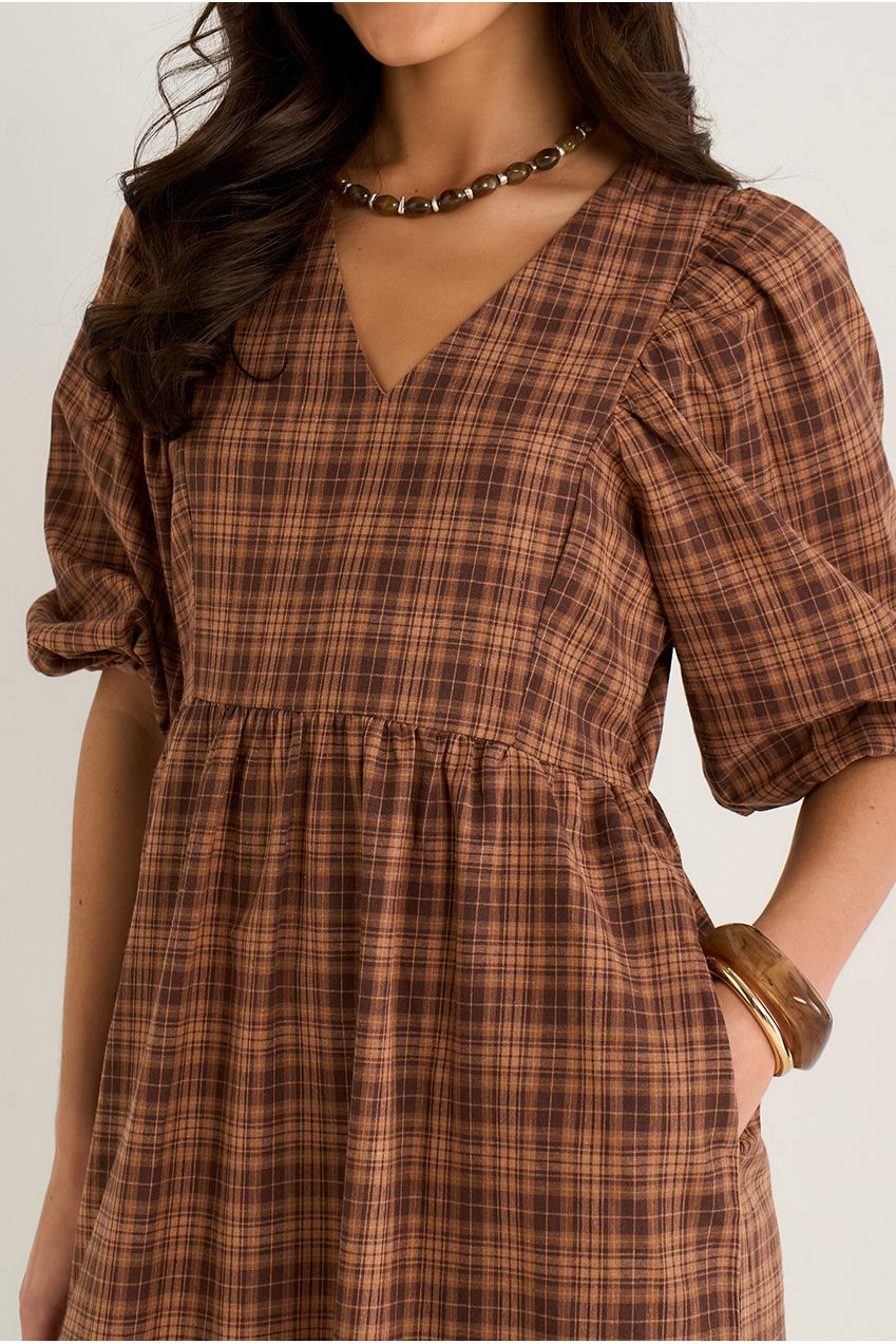 Brown Cotton Puff Sleeves V Neck Midi Dress GL1651