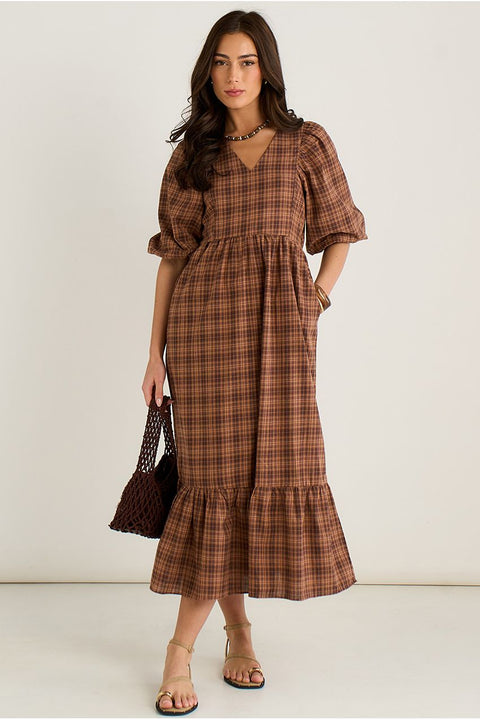 Brown Cotton Puff Sleeves V Neck Midi Dress by Gini London
