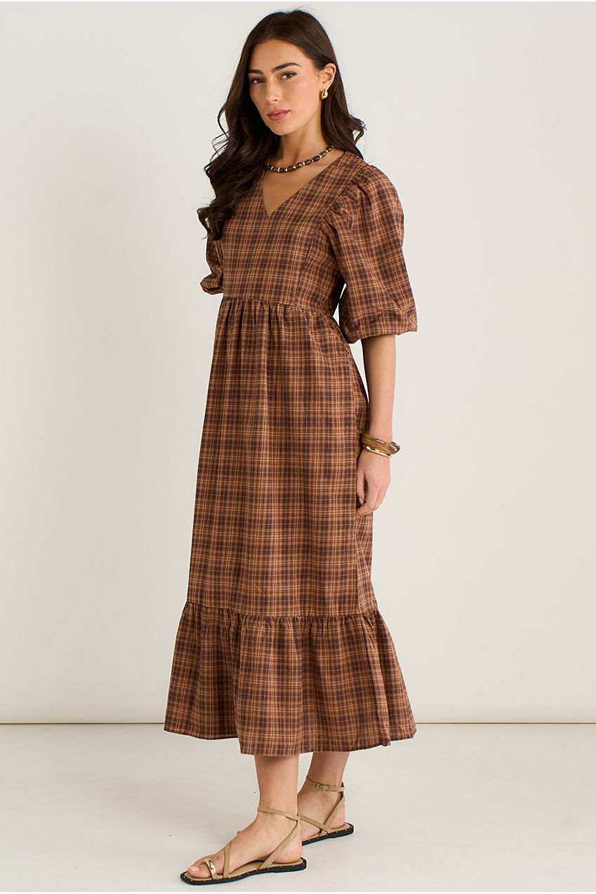 Brown Cotton Puff Sleeves V Neck Midi Dress GL1651