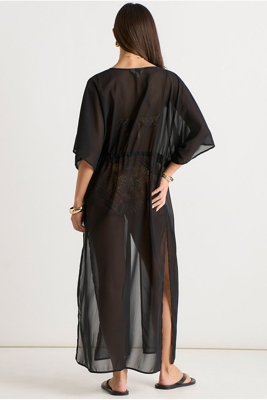 Black Flowy Open Front Beach Cover Kimono GL1682