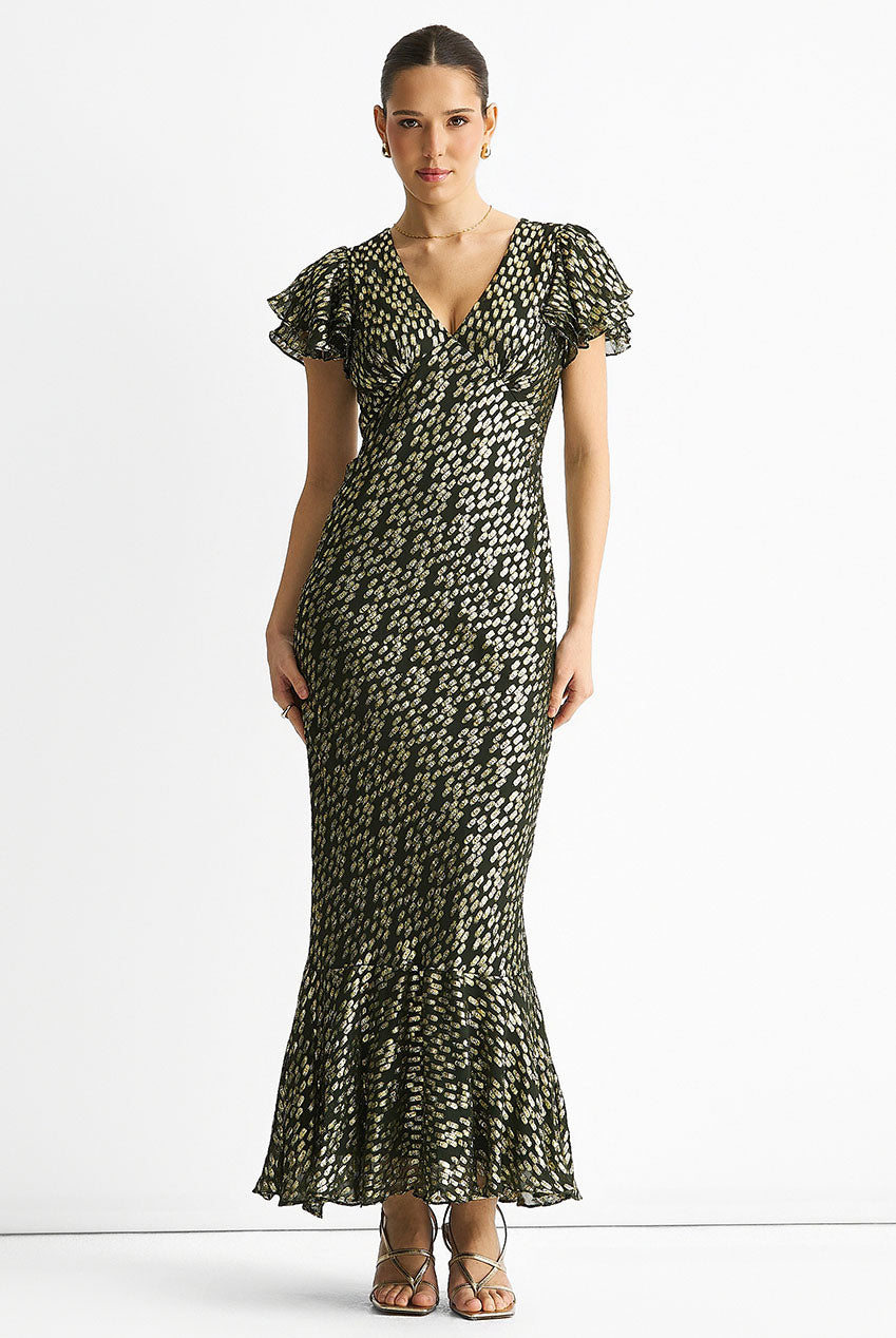 Dark Green Viscose Clipped Gold Jacquard Bias Cut Maxi Dress GL1741