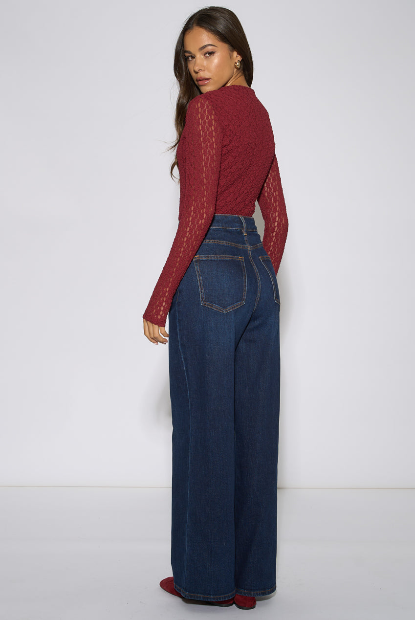 Burgundy High Neck Jersey Lace Long Sleeve Top GL1751