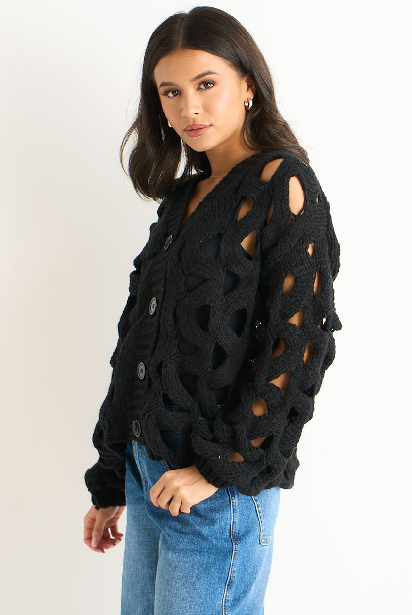 Black Hollow Chunky Knit Cardigan GL1755