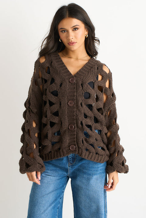Chocolate Hollow Chunky Knit Cardigan by Gini London