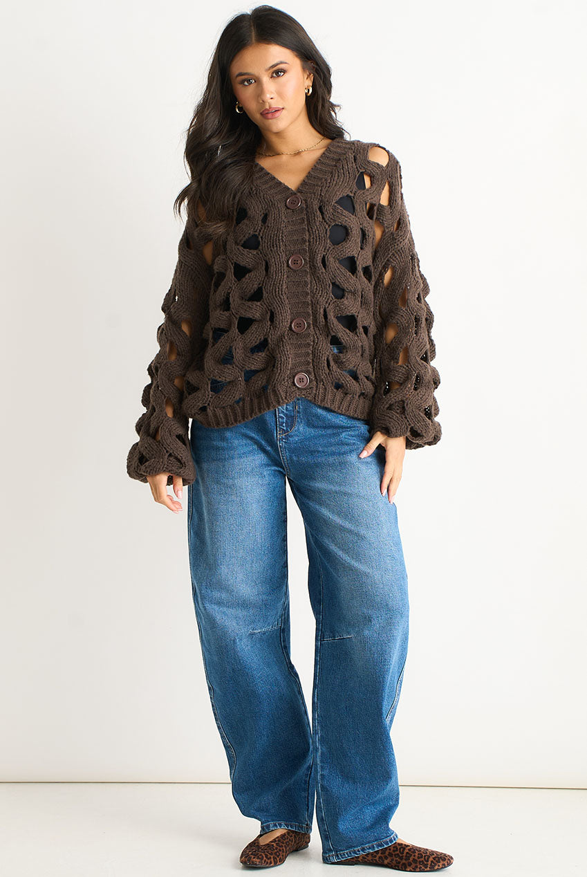 Chocolate Hollow Chunky Knit Cardigan GL1755