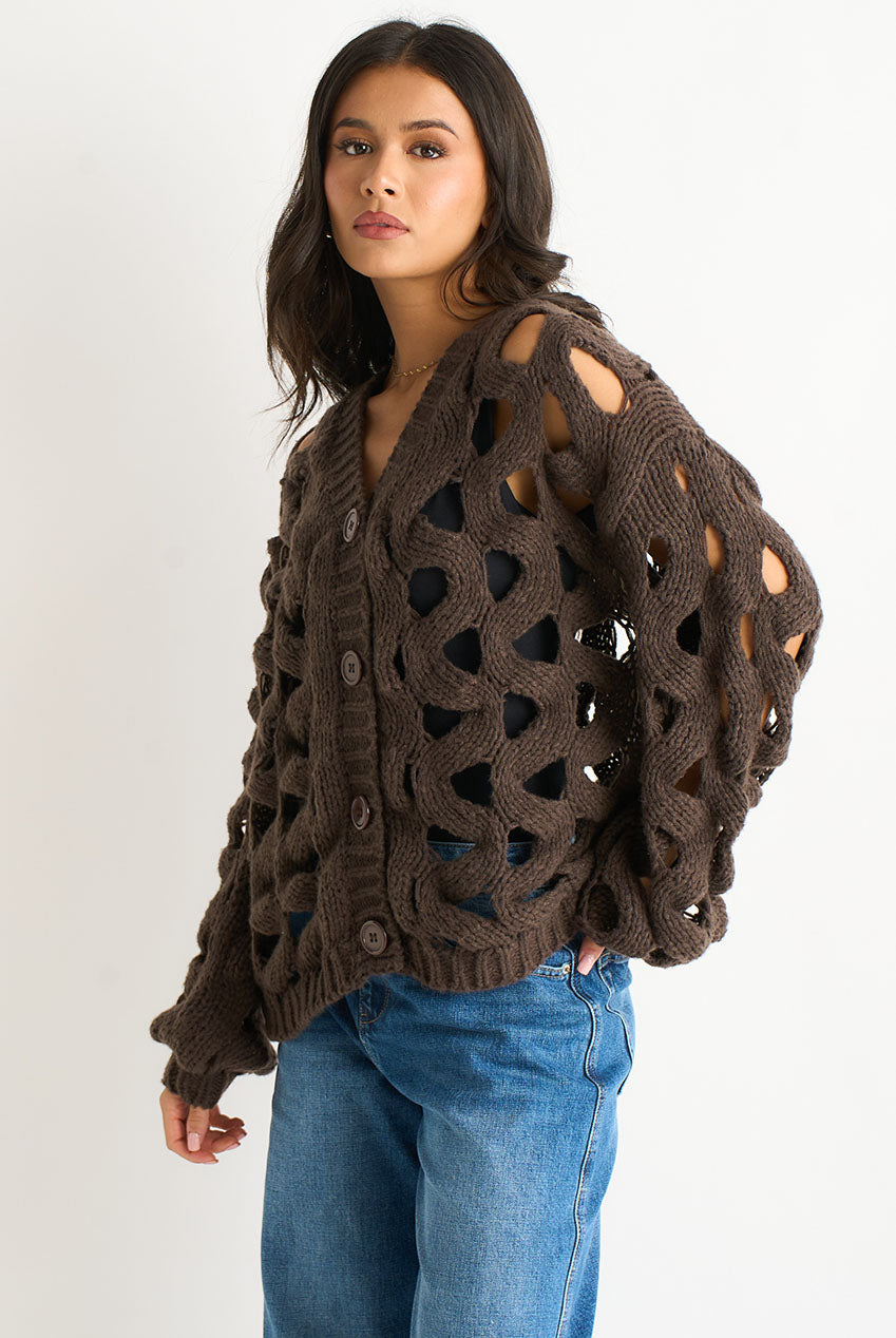 Chocolate Hollow Chunky Knit Cardigan GL1755