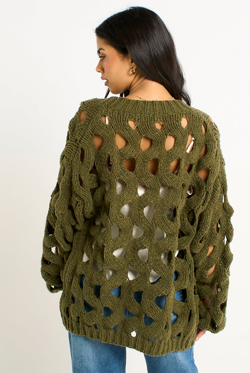 Khaki Hollow Chunky Knit Cardigan GL1755