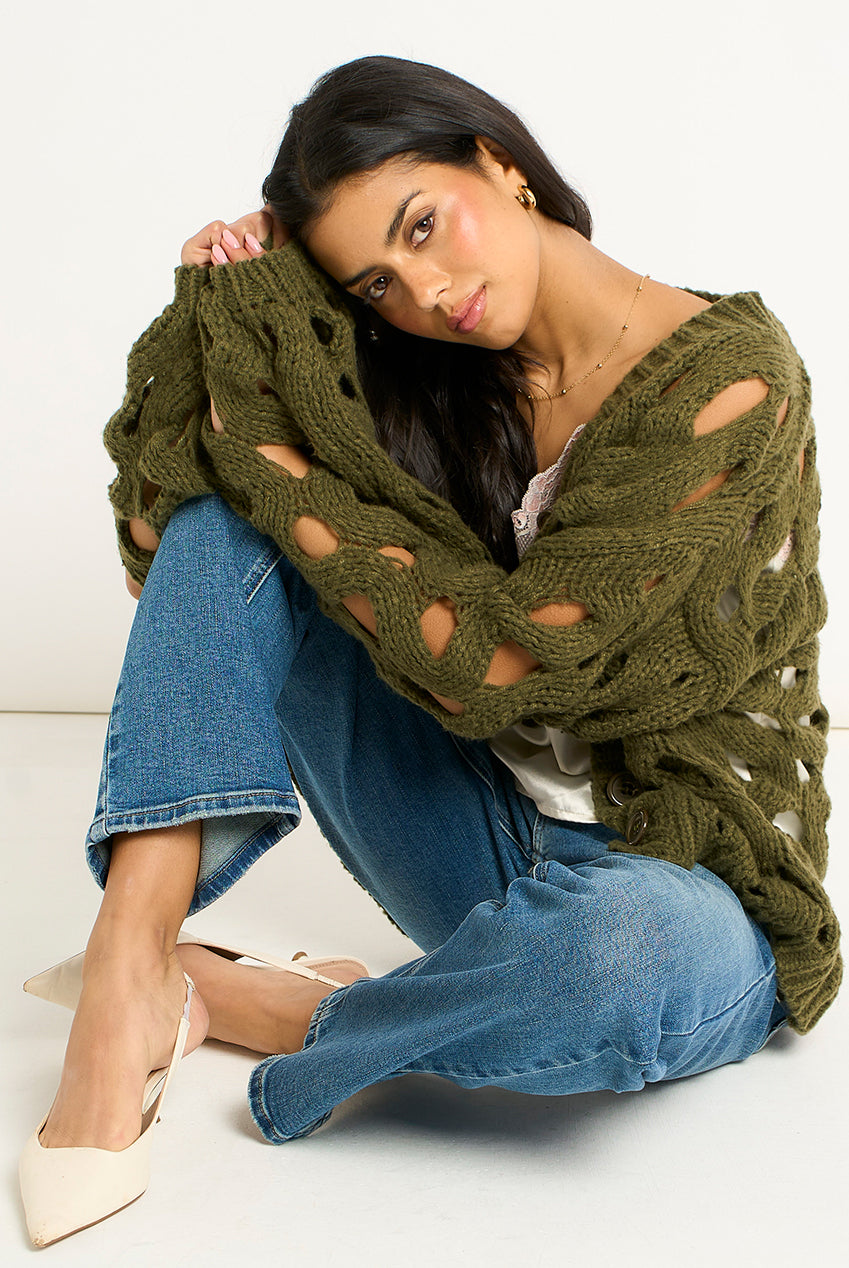 Khaki Hollow Chunky Knit Cardigan GL1755