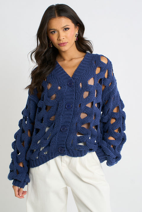 Navy Hollow Chunky Knit Cardigan by Gini London
