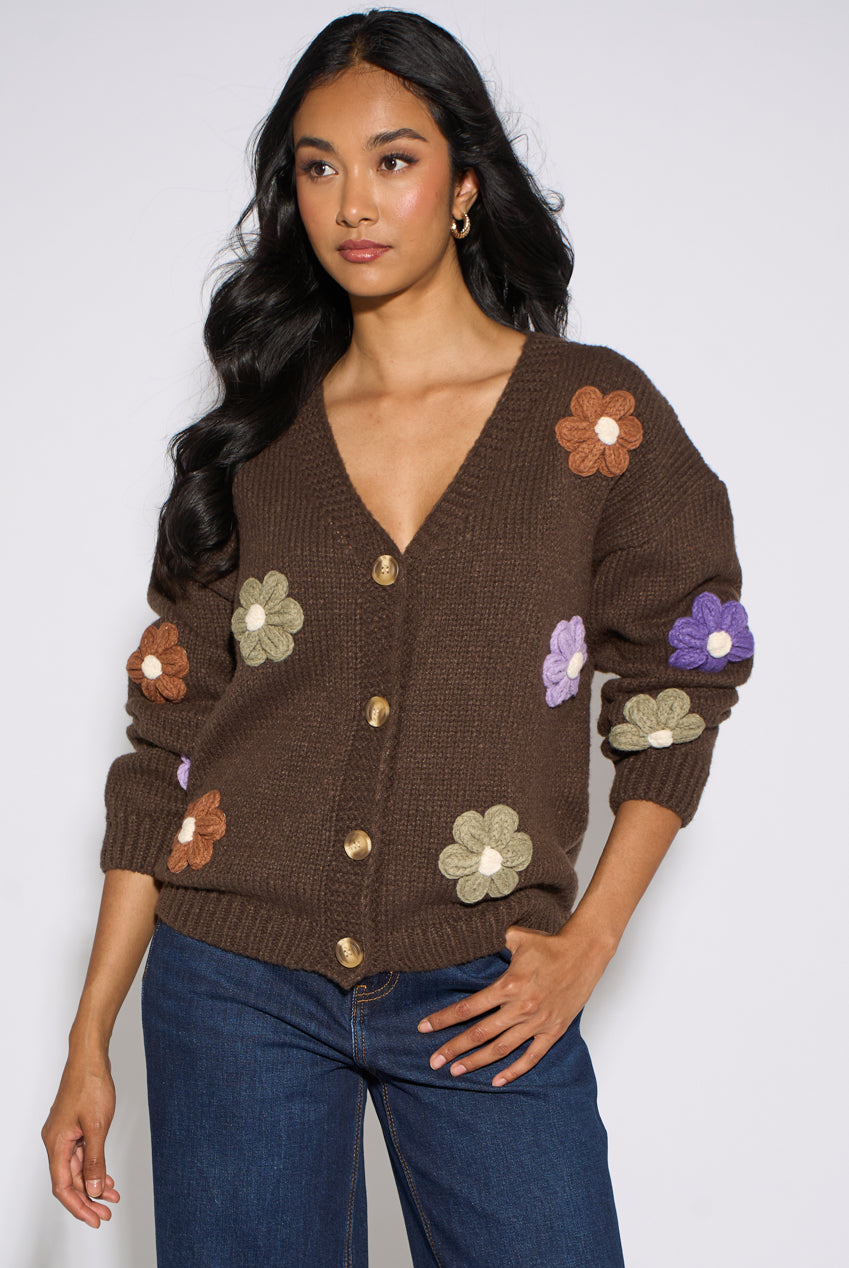 Brown 3D Floral Long Sleeves Knit Cardigan GL1762