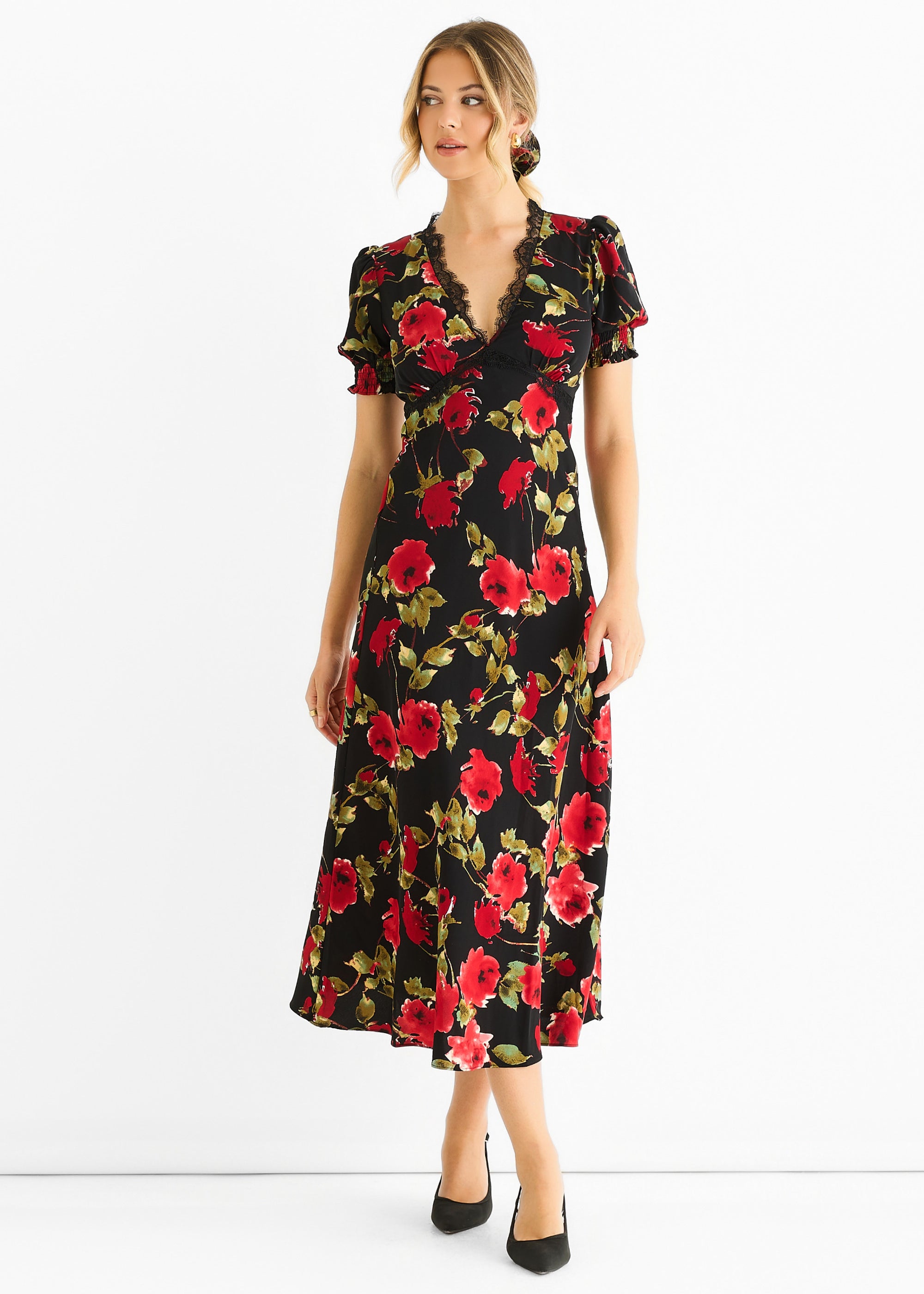 Black Floral Lace Trim Detail Midi Dress GL1768