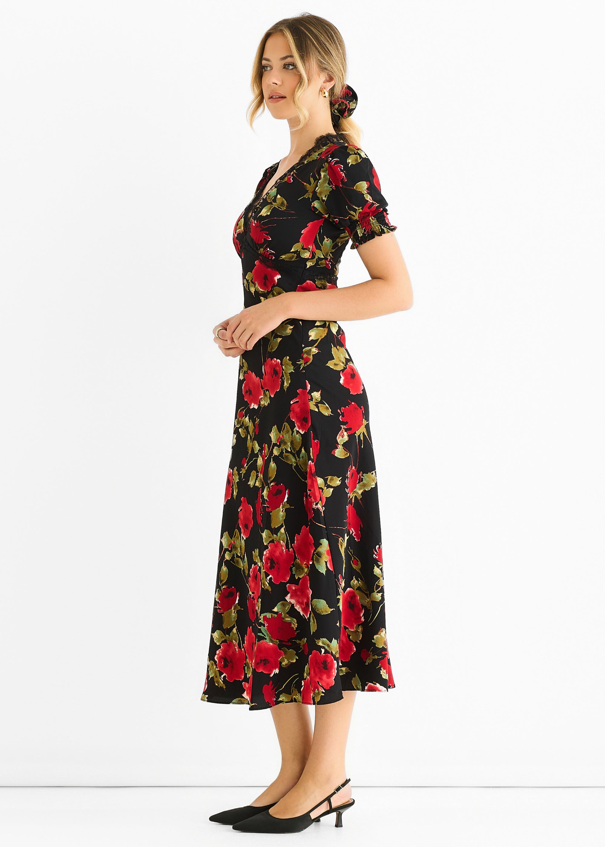 Black Floral Lace Trim Detail Midi Dress GL1768