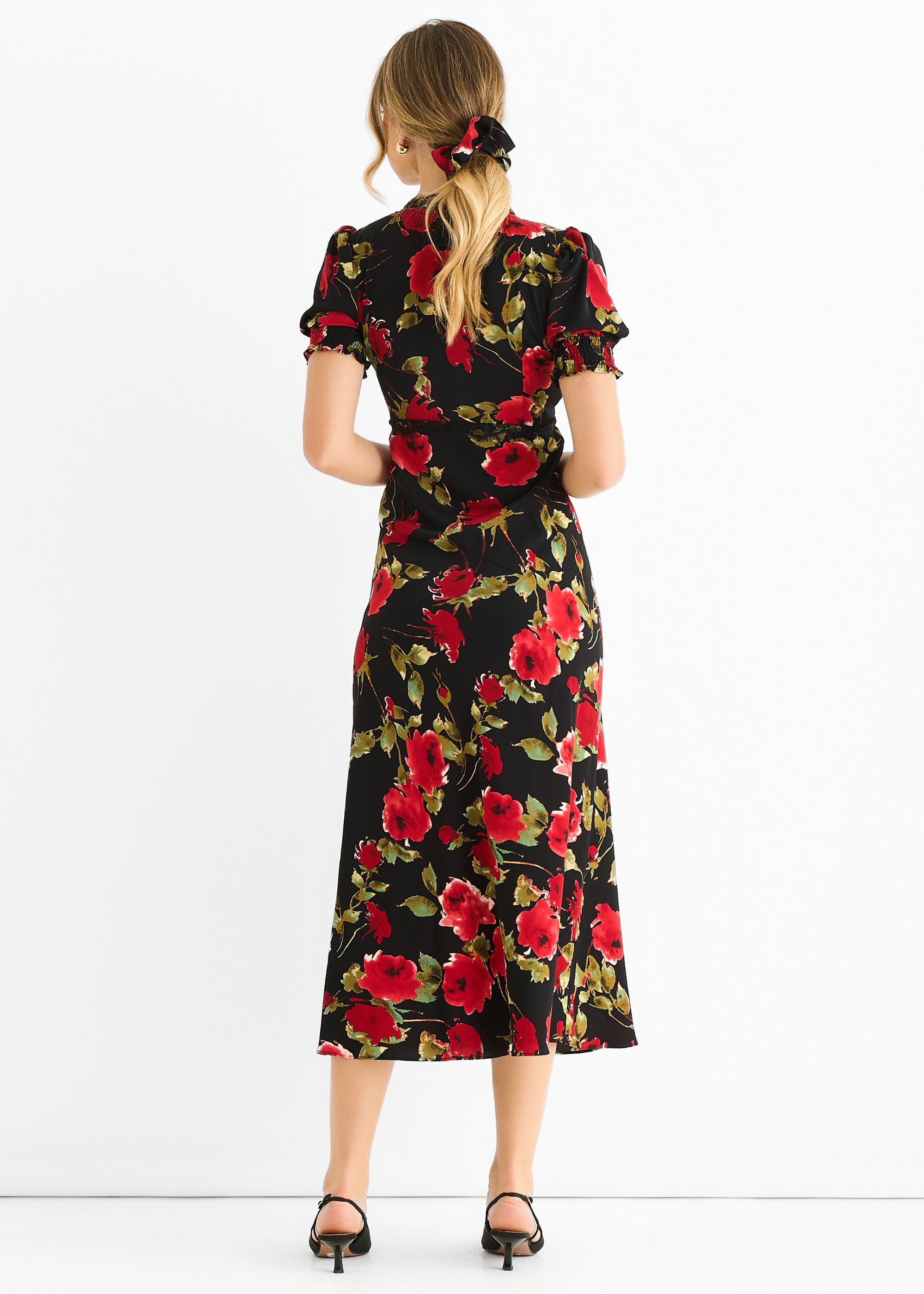 Black Floral Lace Trim Detail Midi Dress GL1768