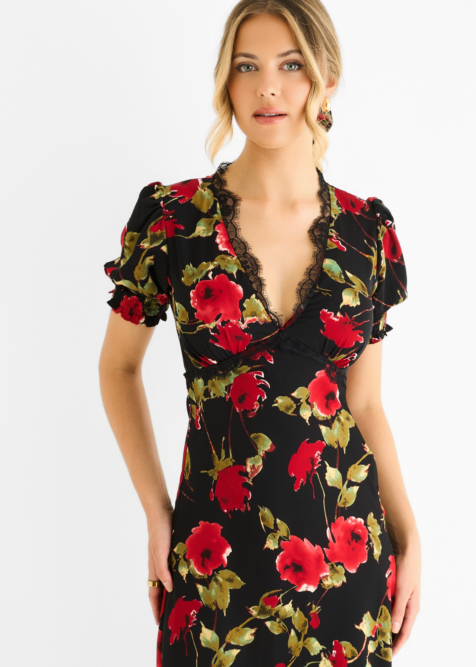 Black Floral Lace Trim Detail Midi Dress GL1768