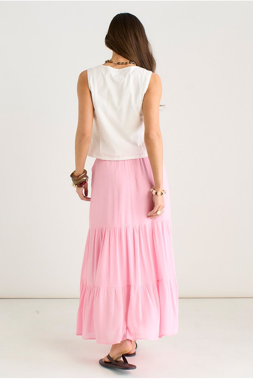 Pink Viscose Tiered Skater Maxi Skirt GL1798
