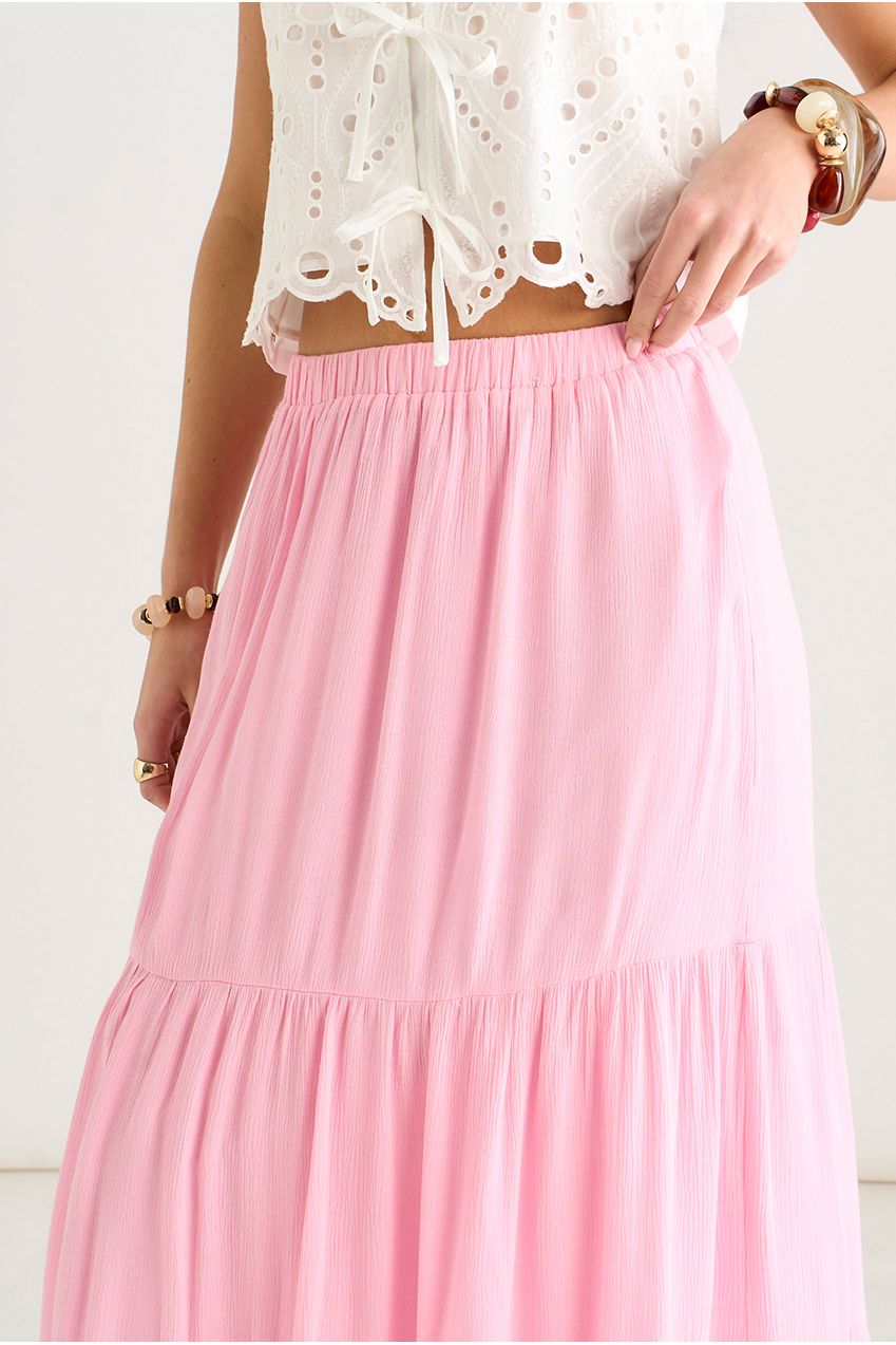 Pink Viscose Tiered Skater Maxi Skirt GL1798