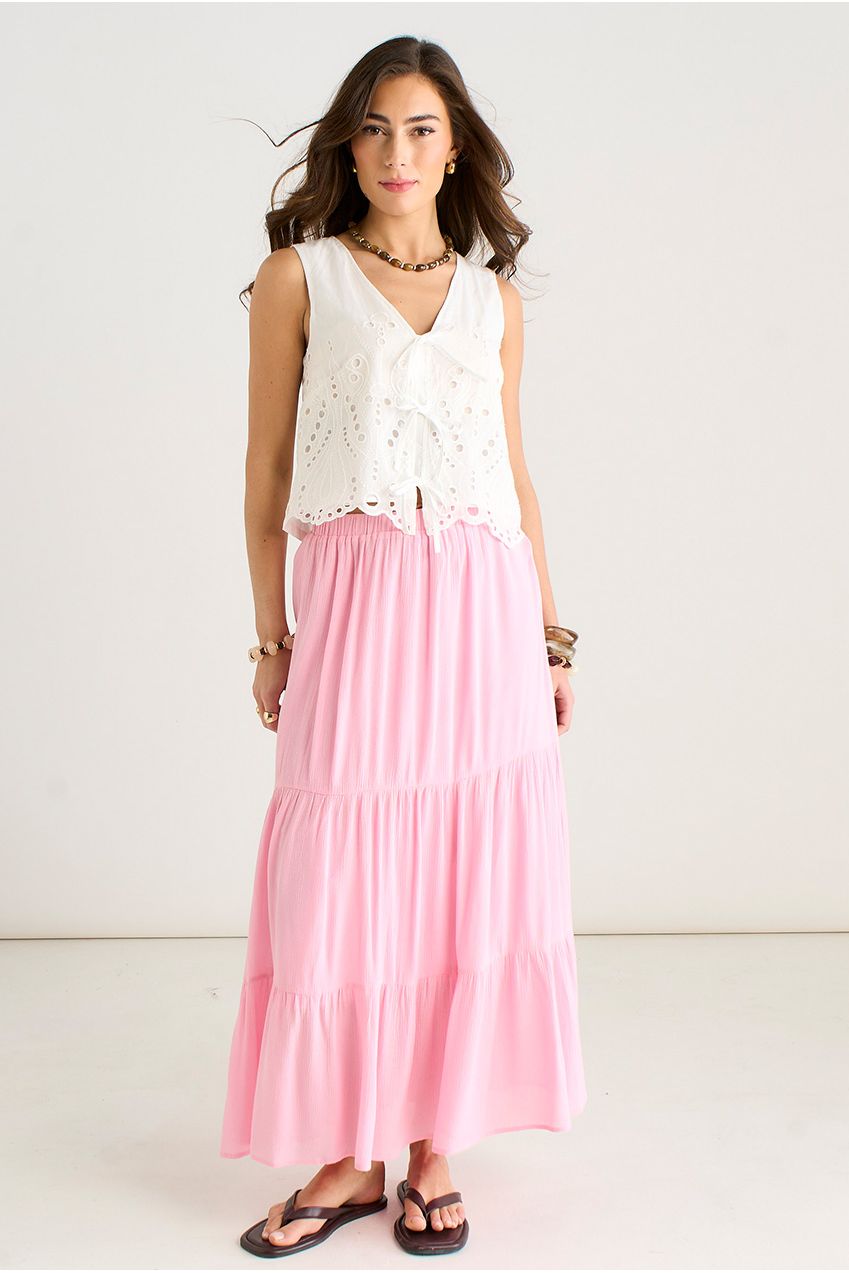Pink Viscose Tiered Skater Maxi Skirt GL1798