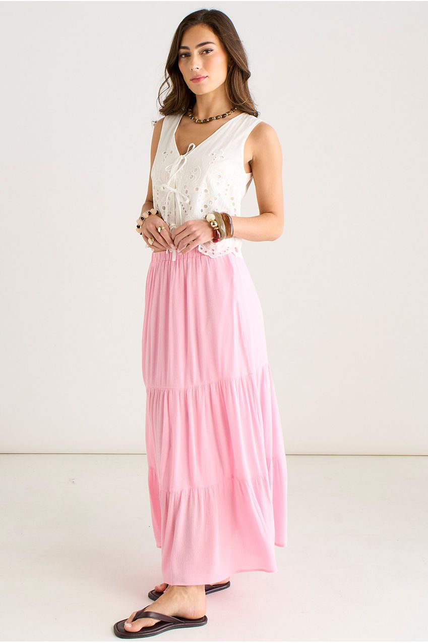 Pink Viscose Tiered Skater Maxi Skirt GL1798