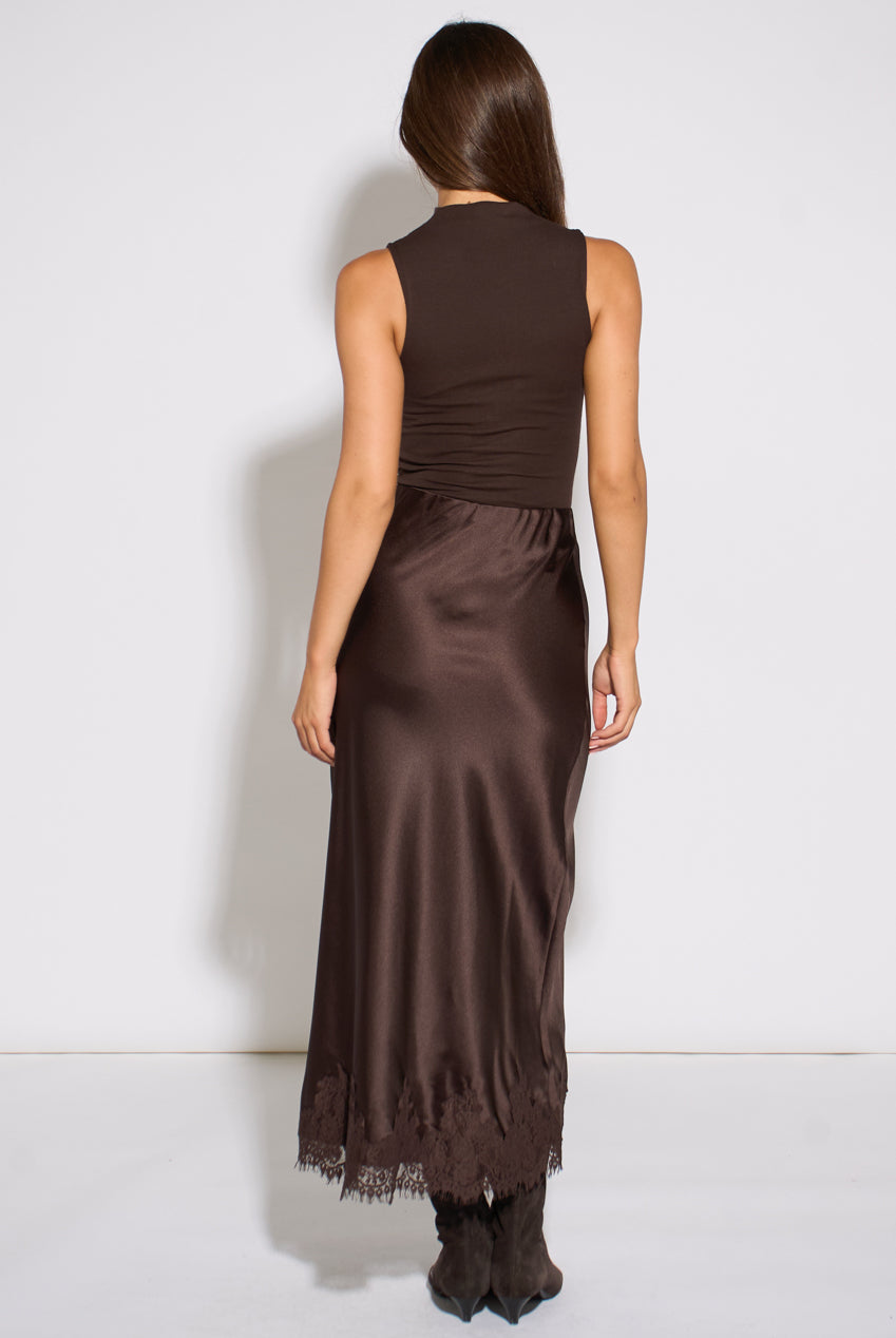 Brown Contrast Lace Trim Satin Bias Skirt GL1811
