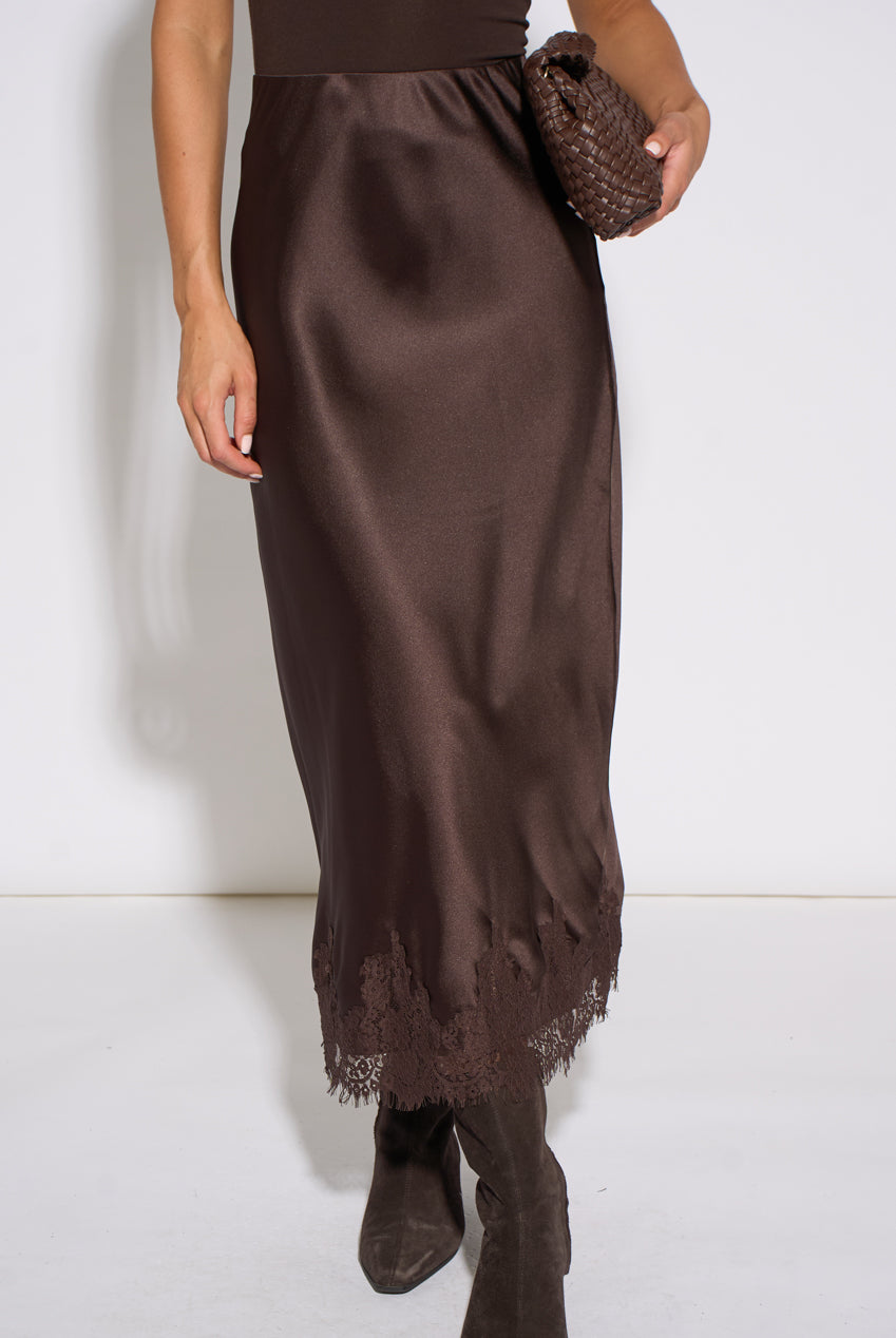 Brown Contrast Lace Trim Satin Bias Skirt GL1811