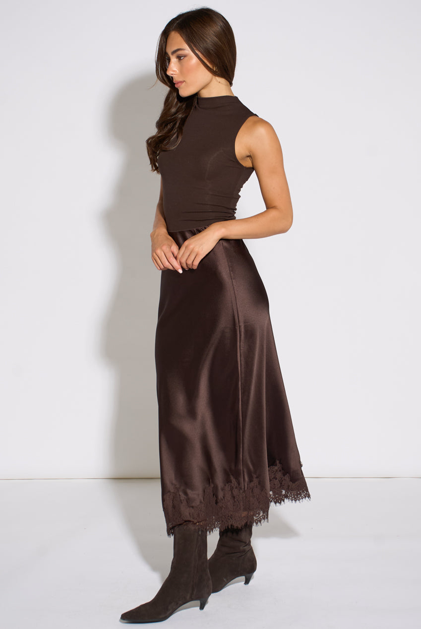 Brown Contrast Lace Trim Satin Bias Skirt GL1811