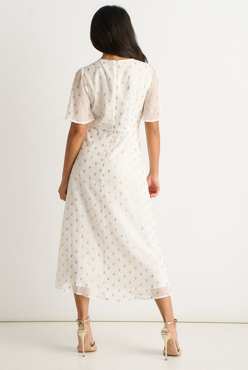 White V Neck Foil Midi Skater Dress GL1816