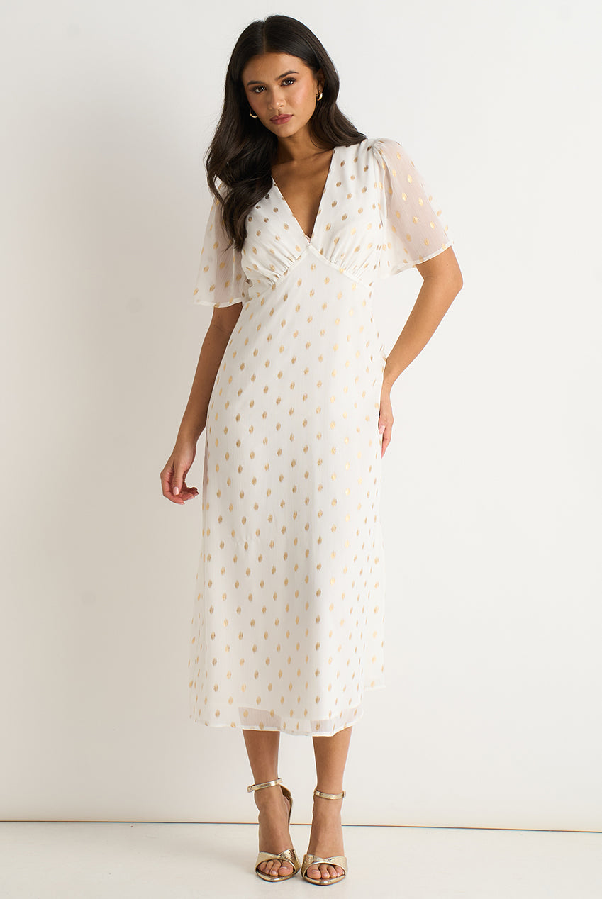White V Neck Foil Midi Skater Dress GL1816