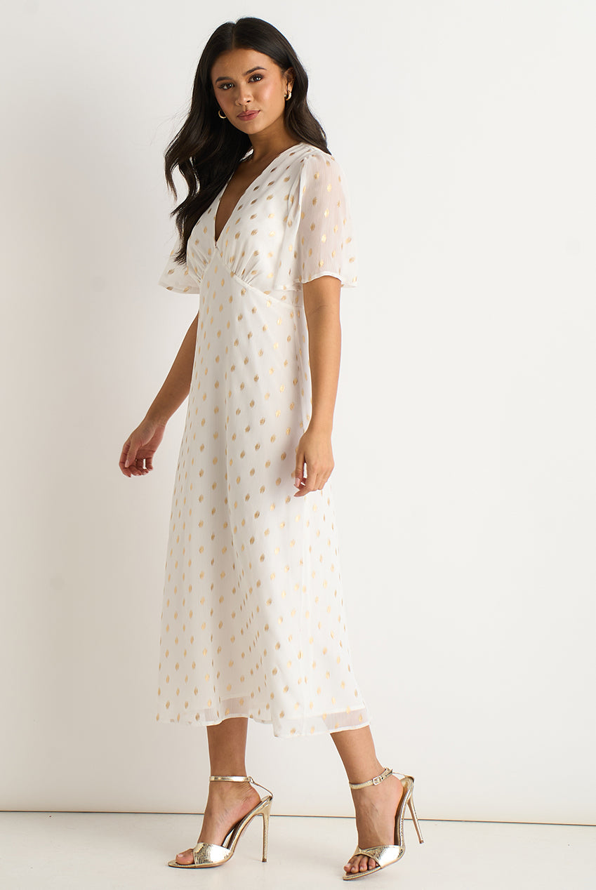 White V Neck Foil Midi Skater Dress GL1816